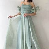 Su Yeşili Drapeli Boyundan Bağlamalı Fiyonk Kol Detay Organze Abiye Elbise