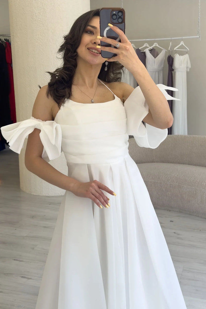 Kadın Beyaz Drapeli Boyundan Bağlamalı Fiyonk Kol Detay Organze Abiye Elbise