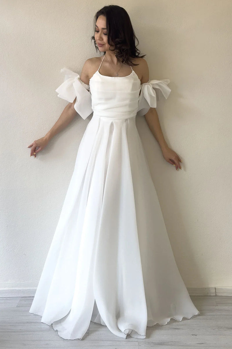 Kadın Beyaz Drapeli Boyundan Bağlamalı Fiyonk Kol Detay Organze Abiye Elbise