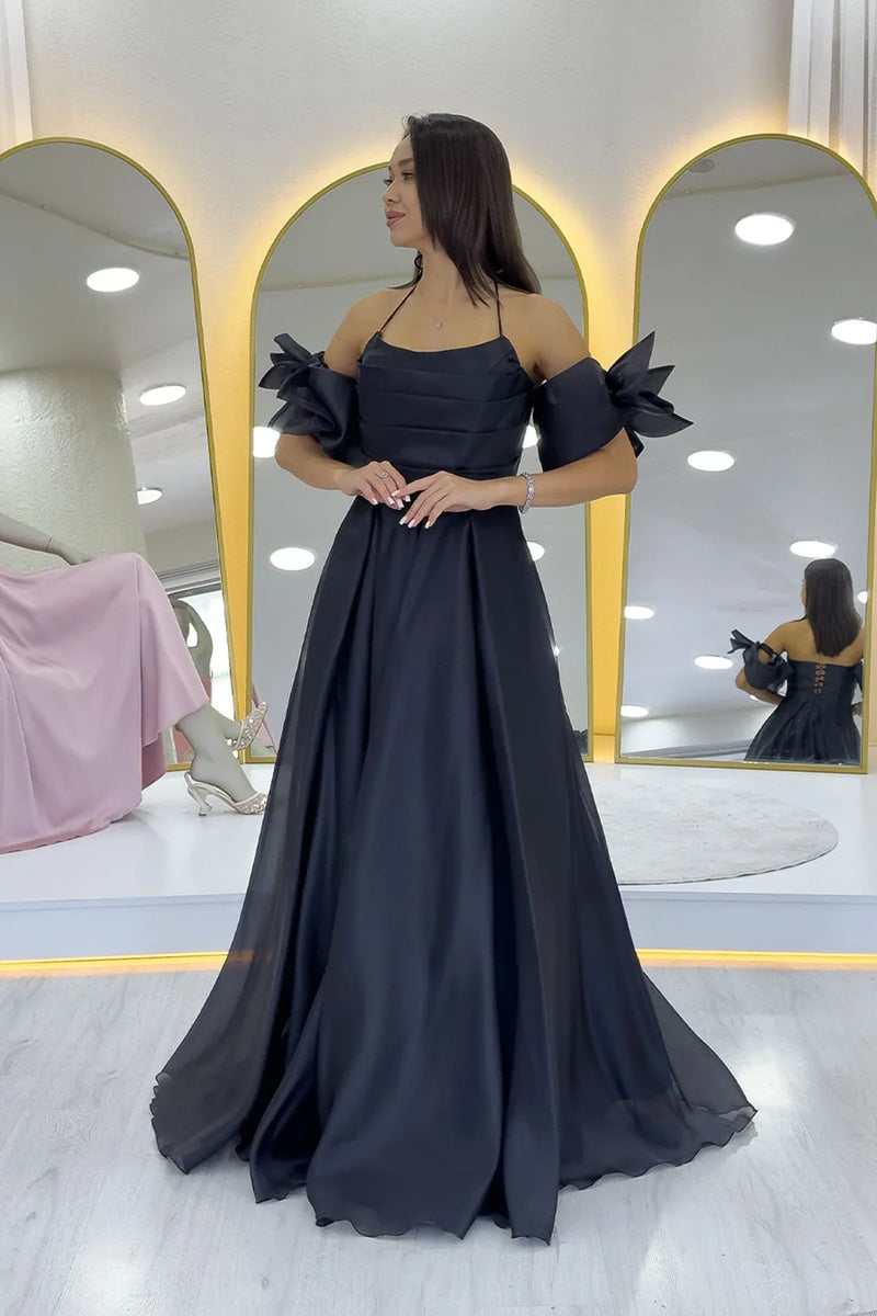 Siyah Drapeli Boyundan Bağlamalı Fiyonk Kol Detay Organze Abiye Elbise