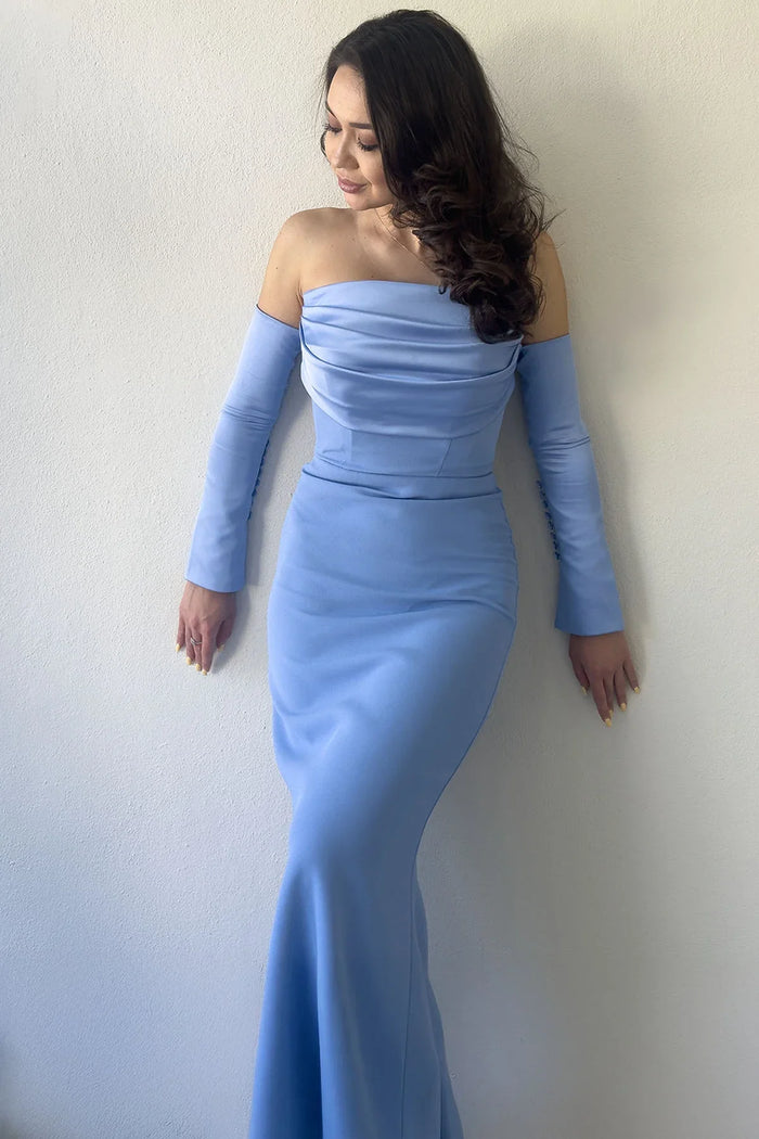 Kadın İndigo Straplez Kol Aksesuarlı Balık Saten Alya Elbise 