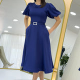 Kadın Lacivert Balon Kol Taş Kemerli Midi Boy Saten Abiye Elbise