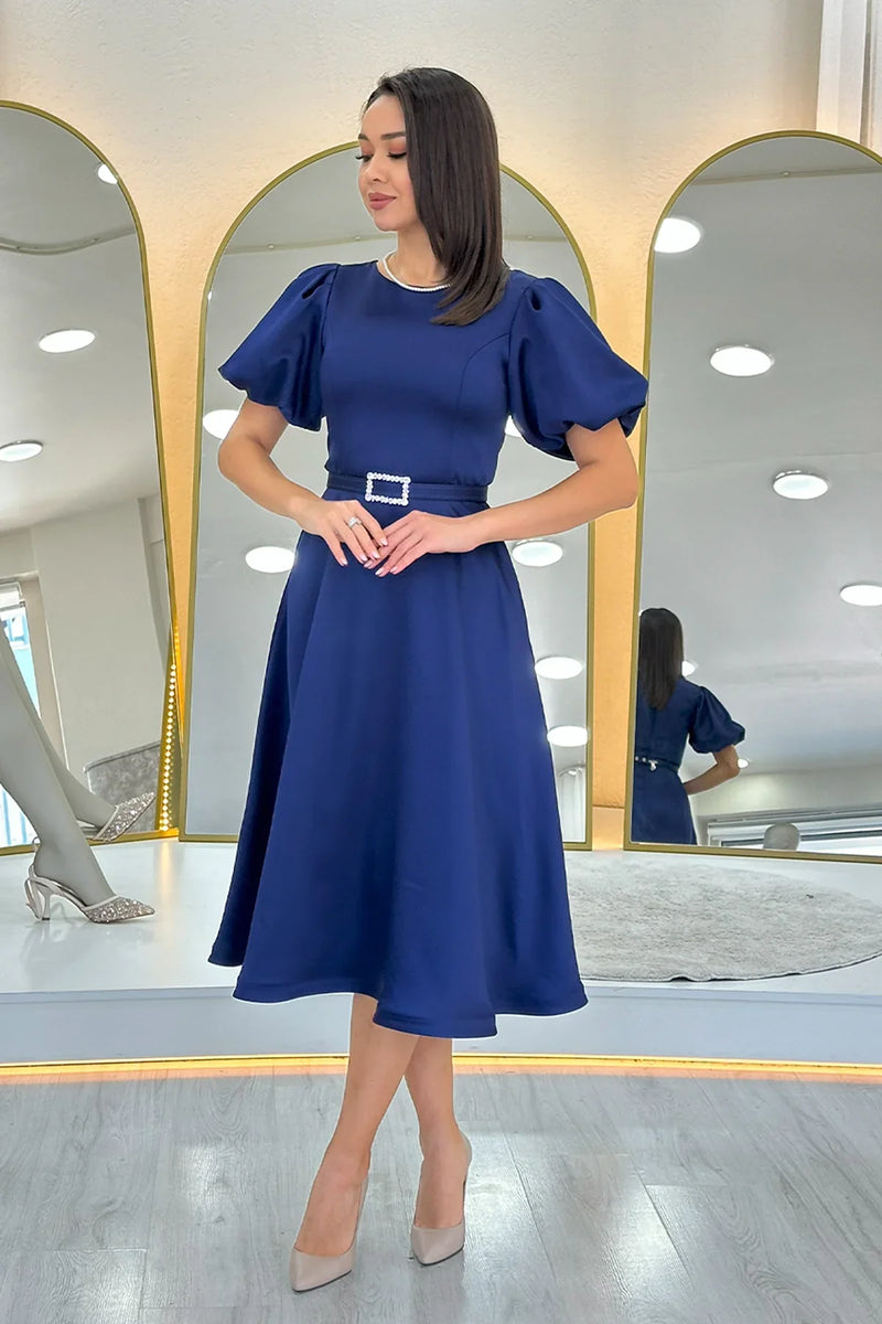 Kadın Lacivert Balon Kol Taş Kemerli Midi Boy Saten Abiye Elbise