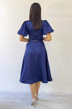 Kadın Lacivert Balon Kol Taş Kemerli Midi Boy Saten Abiye Elbise