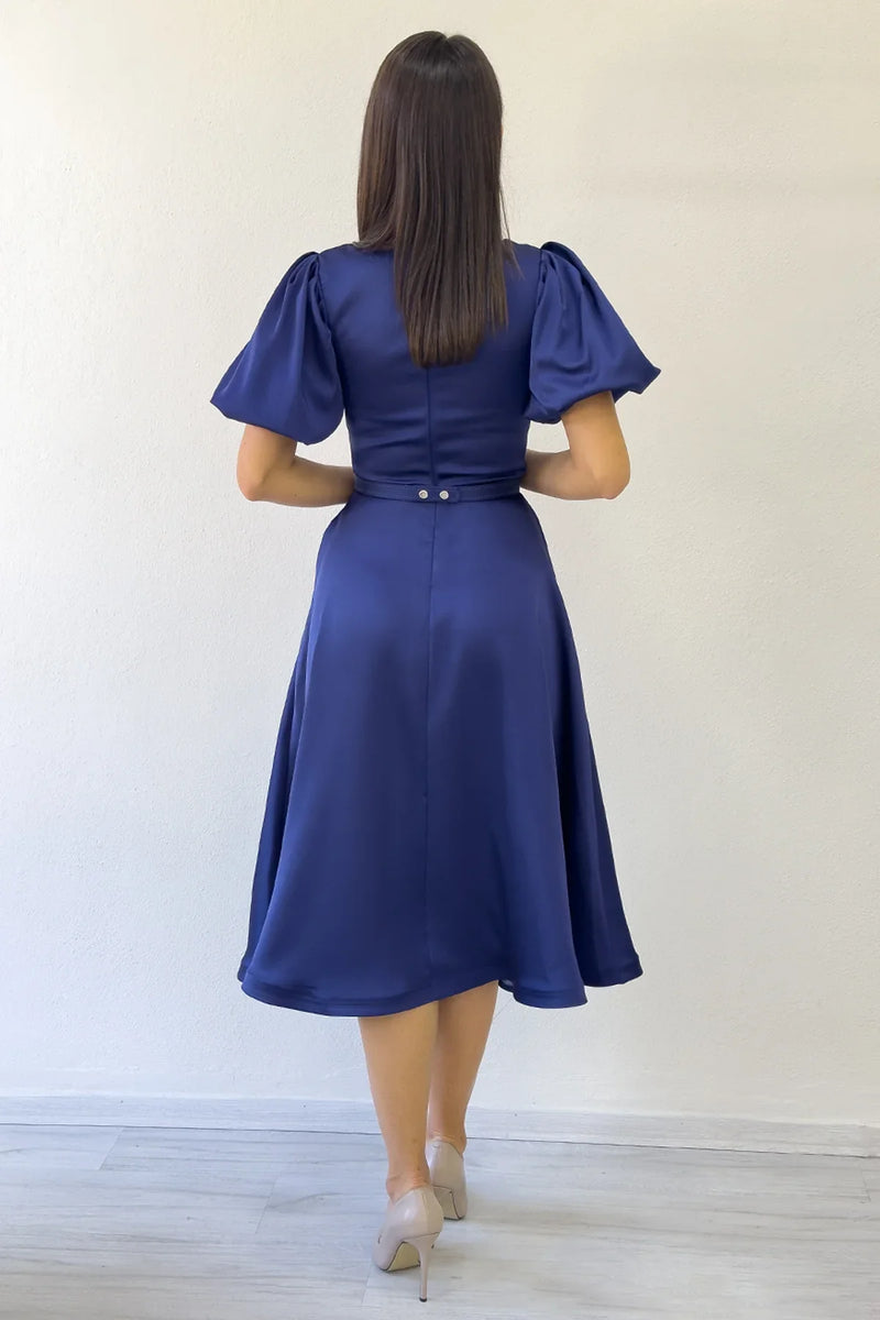 Kadın Lacivert Balon Kol Taş Kemerli Midi Boy Saten Abiye Elbise
