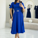 Kadın Saks Balon Kol Taş Kemerli Midi Boy Saten Abiye Elbise