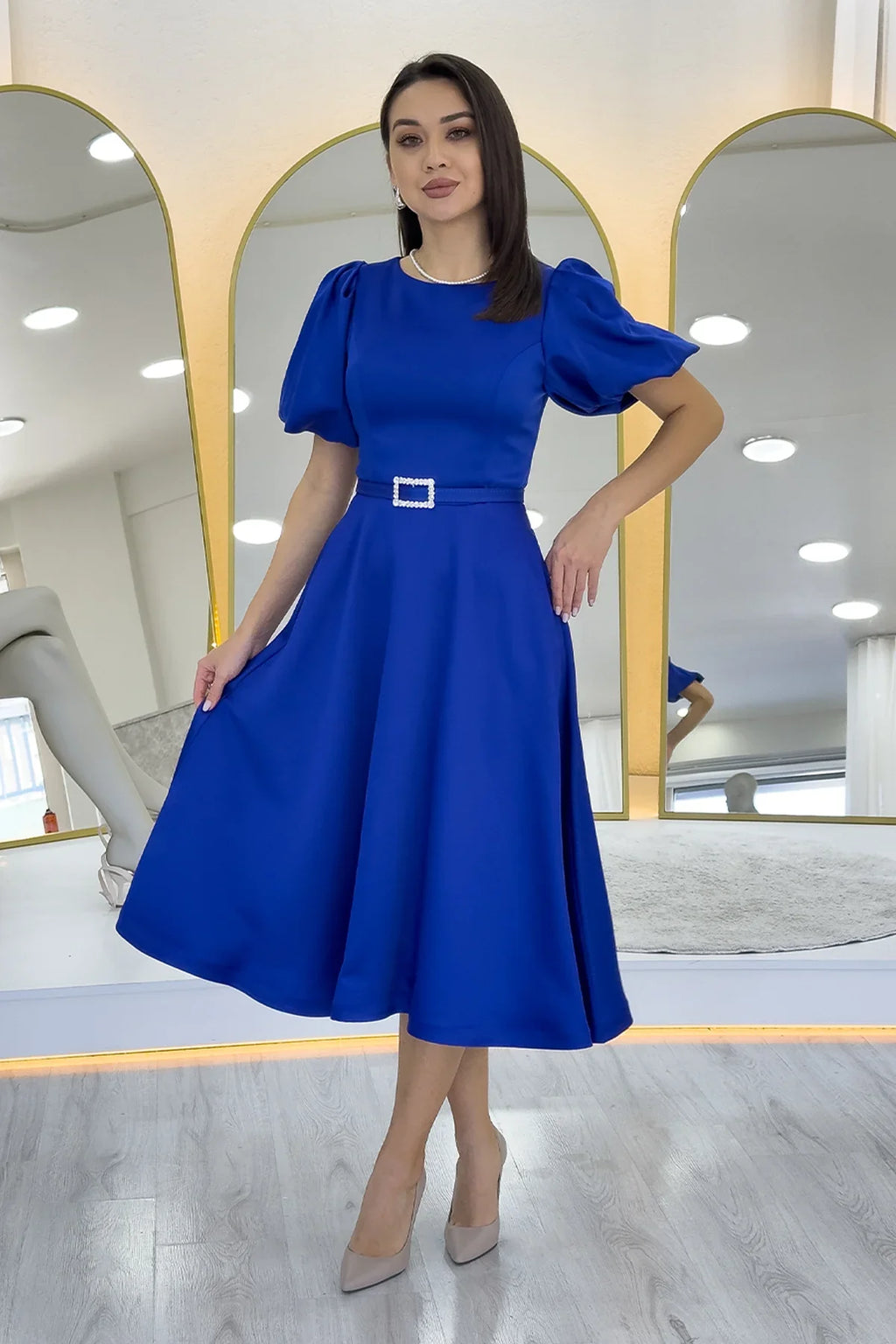 Kadın Saks Balon Kol Taş Kemerli Midi Boy Saten Abiye Elbise