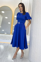 Kadın Saks Balon Kol Taş Kemerli Midi Boy Saten Abiye Elbise