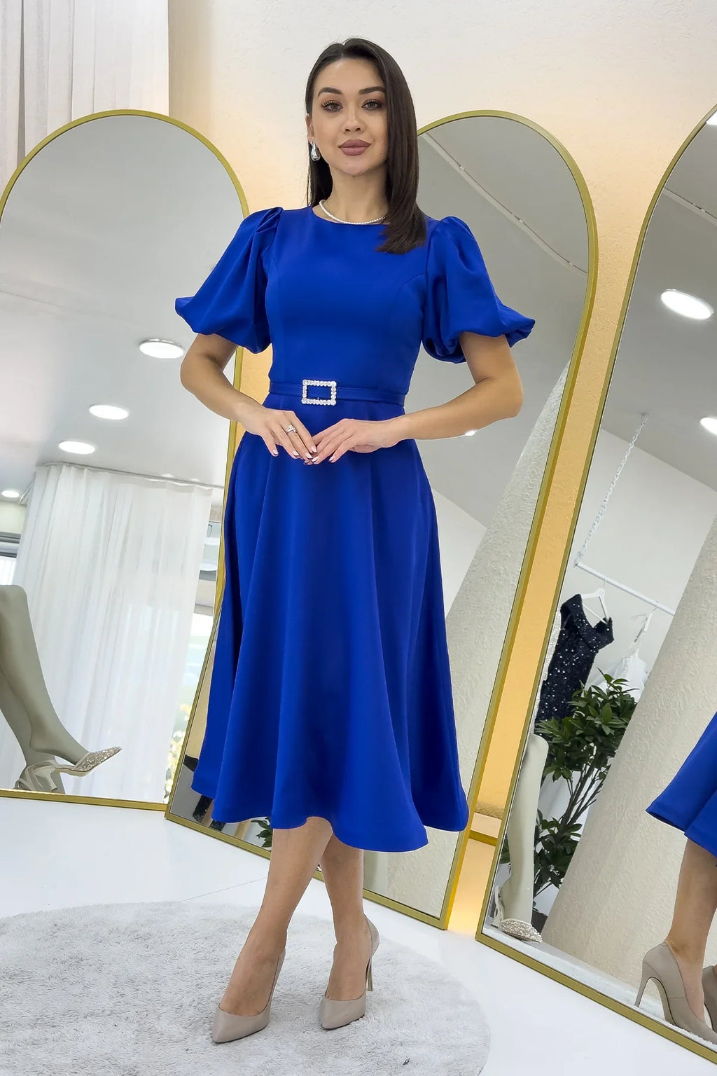 Kadın Saks Balon Kol Taş Kemerli Midi Boy Saten Abiye Elbise