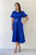 Kadın Saks Balon Kol Taş Kemerli Midi Boy Saten Abiye Elbise