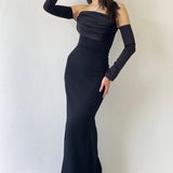 Kadın Siyah Straplez Kol Aksesuarlı Balık Saten Alya Elbise