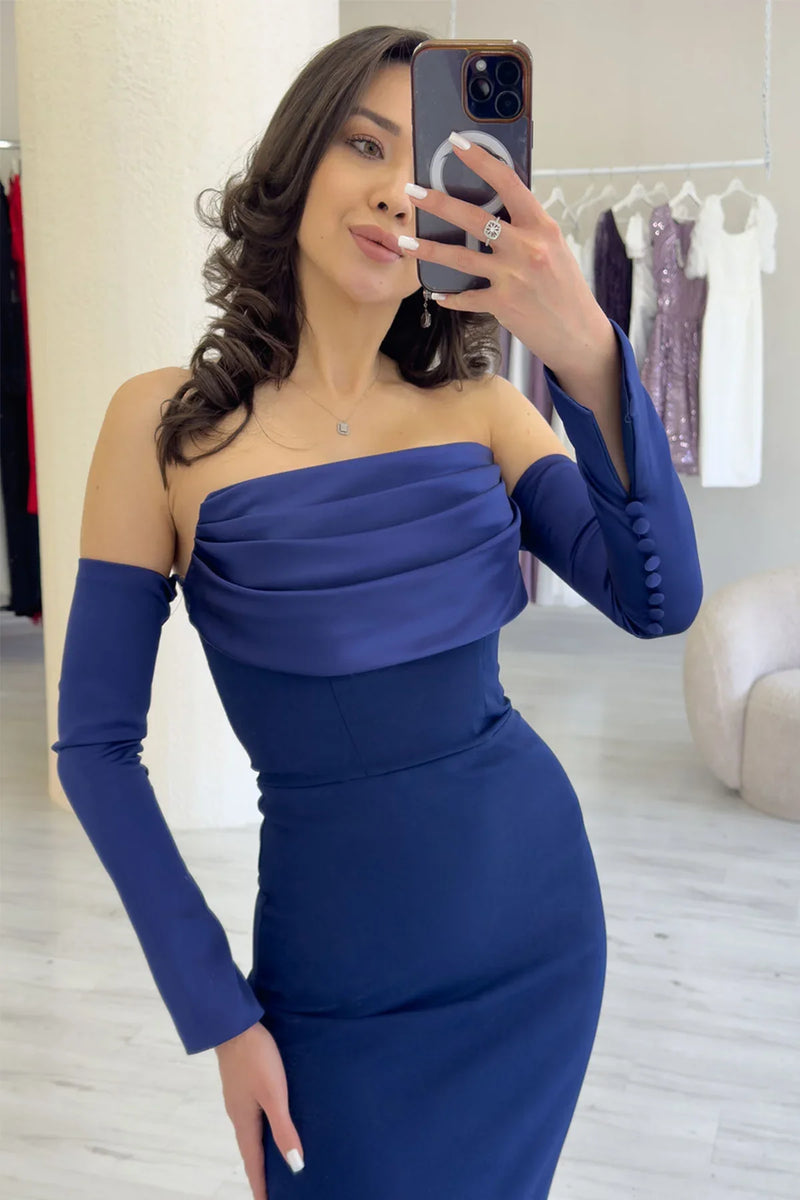 Kadın Lacivert Straplez Kol Aksesuarlı Balık Saten Alya Elbise