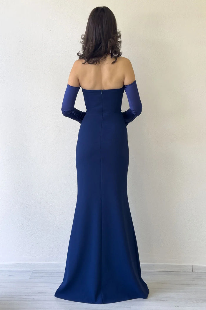Kadın Lacivert Straplez Kol Aksesuarlı Balık Saten Alya Elbise