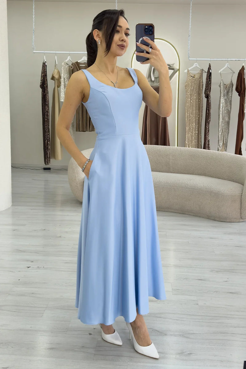 Bebe Mavi U Yaka Sırt Bağlamalı Midi Boy Saten Elbise