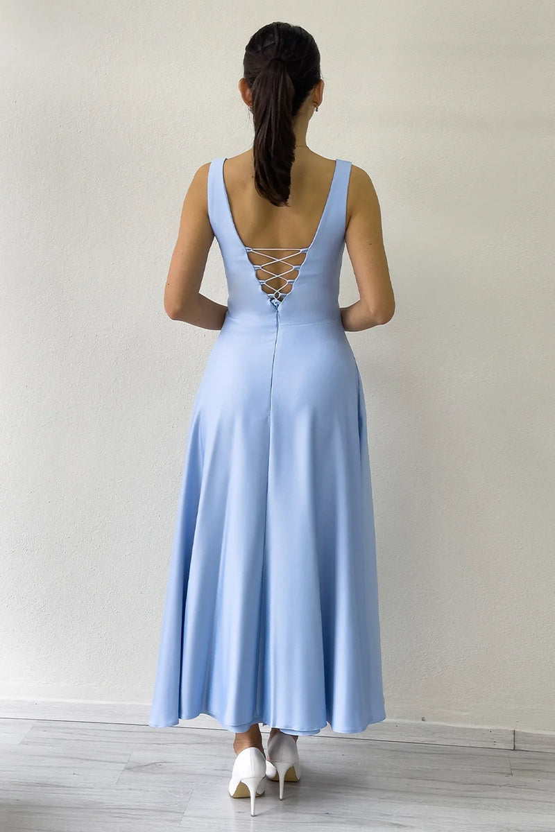 Bebe Mavi U Yaka Sırt Bağlamalı Midi Boy Saten Elbise