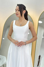 Beyaz U Yaka Sırt Bağlamalı Midi Boy Saten Nikah Elbisesi