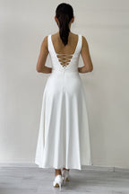 Beyaz U Yaka Sırt Bağlamalı Midi Boy Saten Nikah Elbisesi