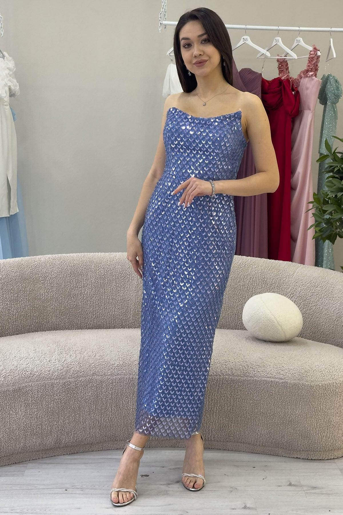 İndigo Straplez Boncuk İşlemeli Midi Boy Abiye Elbise
