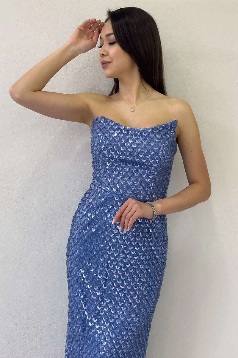 İndigo Straplez Boncuk İşlemeli Midi Boy Abiye Elbise