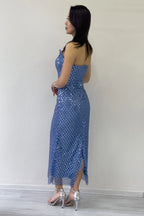 İndigo Straplez Boncuk İşlemeli Midi Boy Abiye Elbise