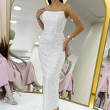 Beyaz Straplez Boncuk İşlemeli Midi Boy Abiye Elbise