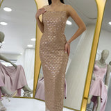 Gold Straplez Boncuk İşlemeli Midi Boy Abiye Elbise