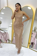 Gold Straplez Boncuk İşlemeli Midi Boy Abiye Elbise