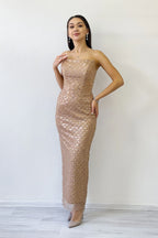 Gold Straplez Boncuk İşlemeli Midi Boy Abiye Elbise