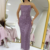 Lila Straplez Boncuk İşlemeli Midi Boy Abiye Elbise