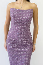 Lila Straplez Boncuk İşlemeli Midi Boy Abiye Elbise