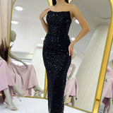 Siyah Straplez Boncuk İşlemeli Midi Boy Abiye Elbise