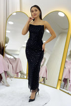 Siyah Straplez Boncuk İşlemeli Midi Boy Abiye Elbise