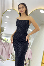 Siyah Straplez Boncuk İşlemeli Midi Boy Abiye Elbise