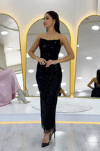 Siyah Straplez Boncuk İşlemeli Midi Boy Abiye Elbise