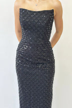 Siyah Straplez Boncuk İşlemeli Midi Boy Abiye Elbise