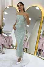  Su Yeşili Straplez Boncuk İşlemeli Midi Boy Abiye Elbise