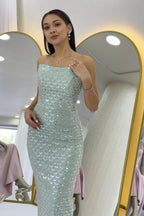  Su Yeşili Straplez Boncuk İşlemeli Midi Boy Abiye Elbise