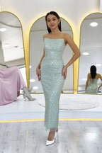  Su Yeşili Straplez Boncuk İşlemeli Midi Boy Abiye Elbise