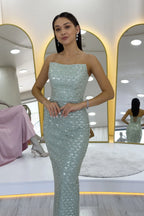  Su Yeşili Straplez Boncuk İşlemeli Midi Boy Abiye Elbise