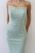  Su Yeşili Straplez Boncuk İşlemeli Midi Boy Abiye Elbise