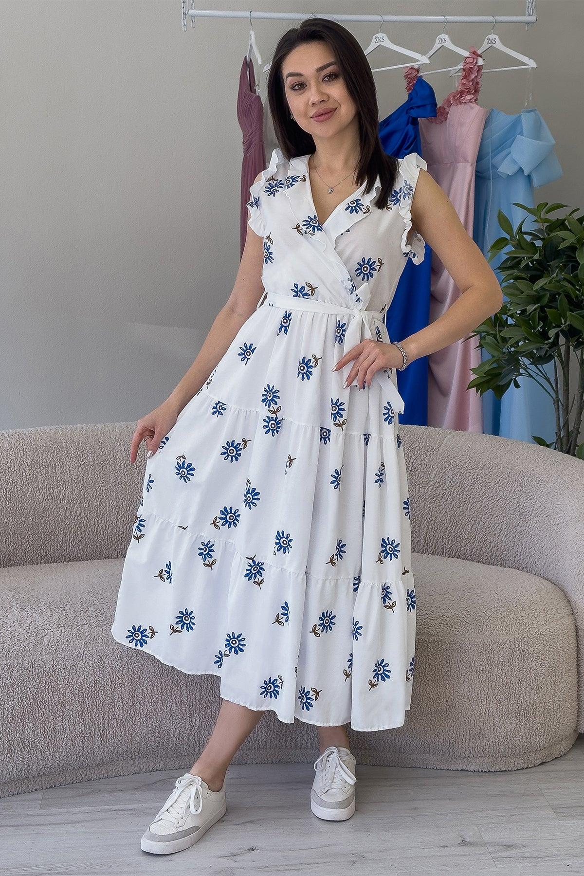 Kadın Beyaz Mavi Çiçekli Kuşaklı Omuz Fırfır Detaylı Midi Boy Yazlık Elbise