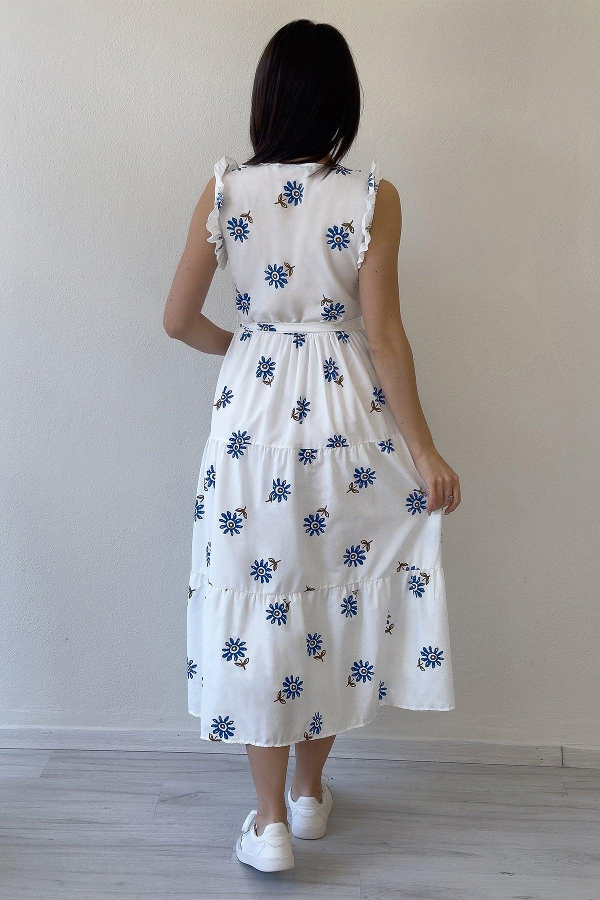 Kadın Beyaz Mavi Çiçekli Kuşaklı Omuz Fırfır Detaylı Midi Boy Yazlık Elbise