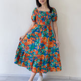 Kadın Turuncu Çiçek Desenli Göğüs Gipeli Midi Boy Yazlık Elbise