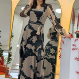 Kadın Bej V yaka Kuşaklı Batik Desen Tül Midi Boy Büyük Beden Elbise