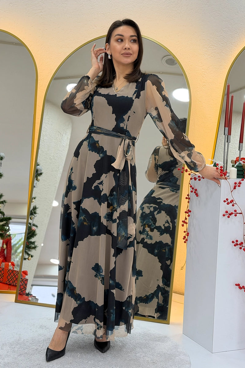 Kadın Bej V yaka Kuşaklı Batik Desen Tül Midi Boy Büyük Beden Elbise 
