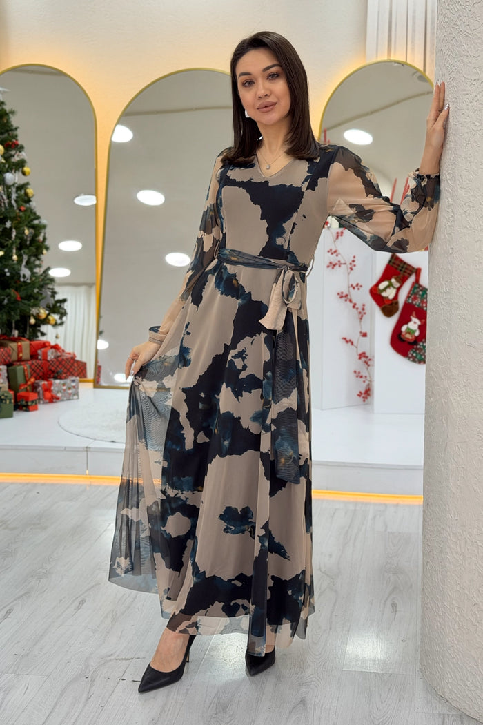 Kadın Bej V yaka Kuşaklı Batik Desen Tül Midi Boy Büyük Beden Elbise 
