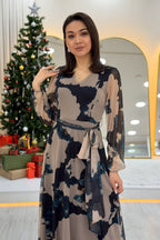 Kadın Bej V yaka Kuşaklı Batik Desen Tül Midi Boy Büyük Beden Elbise 