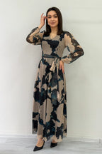 Kadın Bej V yaka Kuşaklı Batik Desen Tül Midi Boy Büyük Beden Elbise 