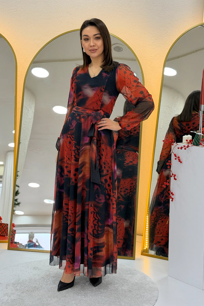 Kadın Kırmızı V yaka Kuşaklı Batik Desen Tül Midi Boy Büyük Beden Elbise 