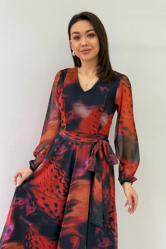 Kadın Kırmızı V yaka Kuşaklı Batik Desen Tül Midi Boy Büyük Beden Elbise 